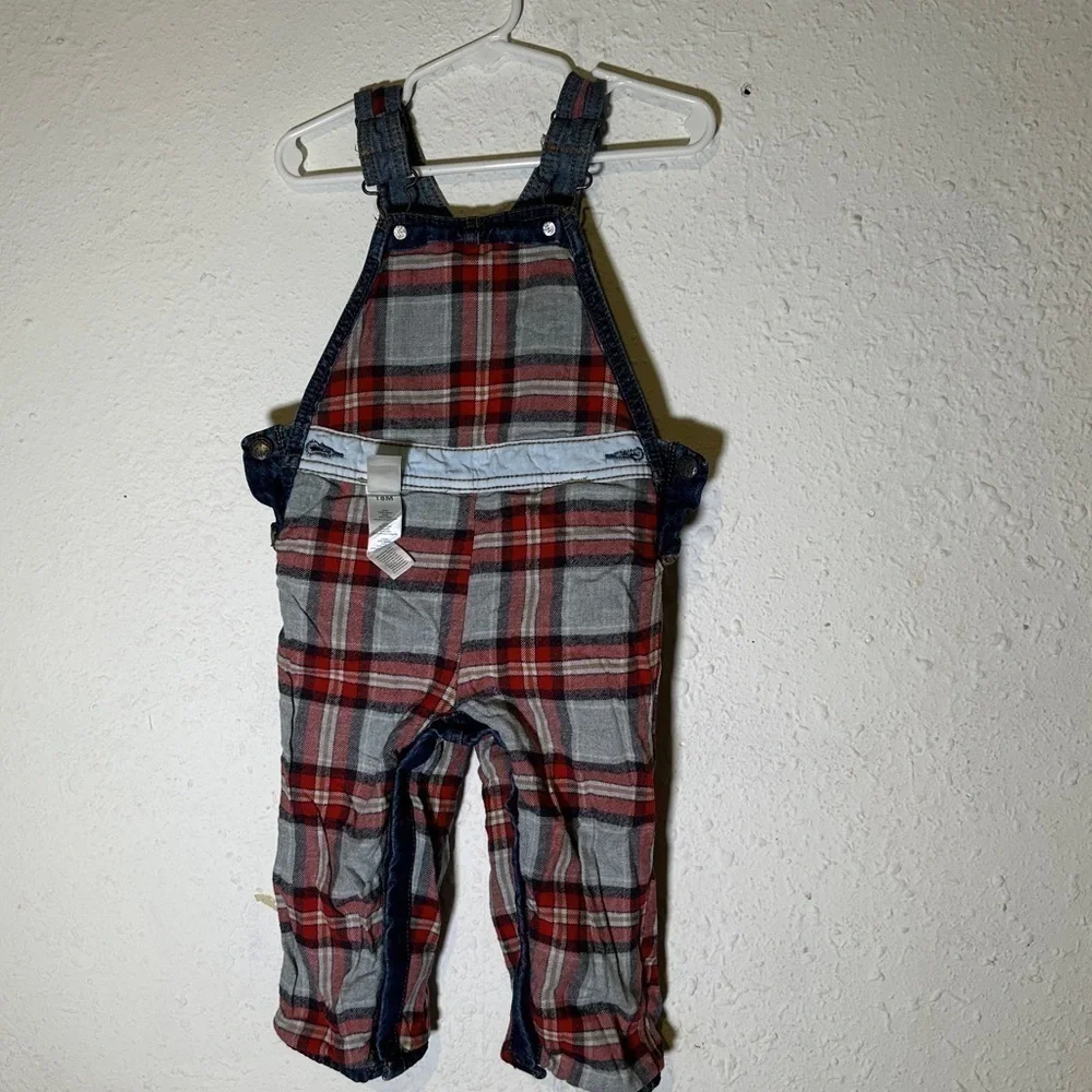 Oshkosh B’gosh Denim Patchwork Flannel Lined Overalls Size 18 Months Baby